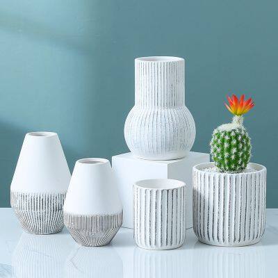 Tall High Quality White Simple Stripe Artificial Flowers Ceramic Vase Artware For Wedding Decoration photo-3