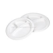 Compostable bio plate disposable pulp tableware bagasse 3-compartment round sugarcane plates