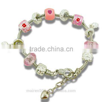 Fashion European Beads Pink Charm Bracelet European Beaded Pink Tone Charm Bracelet