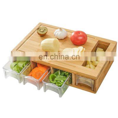 Free Sample Large Bamboo Cutting Board With Drawers And 4 Container Tray, Juice Grooves Fruit & Vegetable Tools photo-2