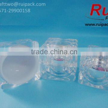 15/30/50g Square fillet transparent acrylic cream jar with silver inner cup, clear outer acrylic container with black inner cup