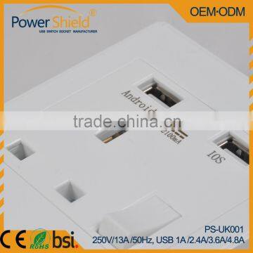 Dual usb wall charger socket outlet eu uk plug 250V 13A Phosphor Bronze Flame Retardant PC Plastic