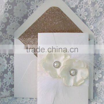 ivory indian flowers pocket wedding invitation cards with glitter envelope