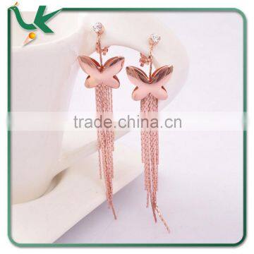 China Wholesale St. Valentine's Day Gift Shinny Gold Non Pierced Butterfly Earring with Long Tassel