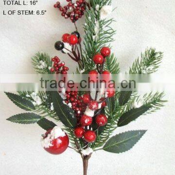 100% handmade 16" RED BERRY PINE NEEDL HOLLY LEAF WITH FROSTED snow stem for christmas decorations