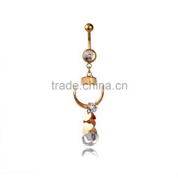 Glod Plated O Ring With Big Clear Zircon Drop Down Dangle Belly Button Naval Ring.