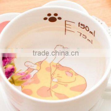 creative lovely pussy cat ceramic coffee mug set with tea tray, promotional pocelain kitty series of 2-piece suit