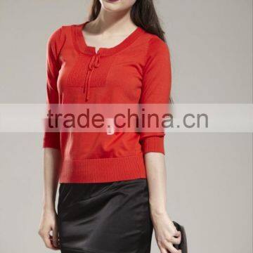 Ladies' Scoop Neck 1/2 Sleeve Pullover Knitted Sweater With Cable & Little Bow