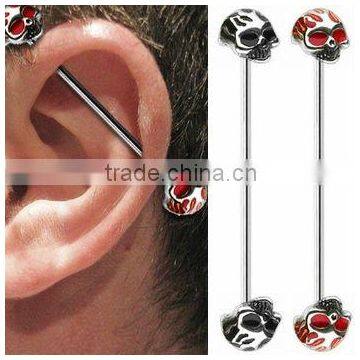 Epoxy or Resign Flaming Skull Long Ear Barbell body tunnel jewelry piercing