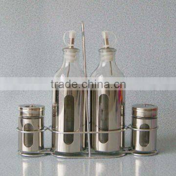 set 5 shining stainless steel coated glass cruet with metal rack