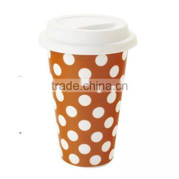 Porcelain Double Wall Thermal Coffee Tumbler with Polka dots