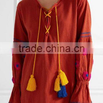 Bohemian Clothing Boho Mexican Peasant Embroidered Crinkled Cotton Mini Dresses With Pompom HSD5939 photo-3