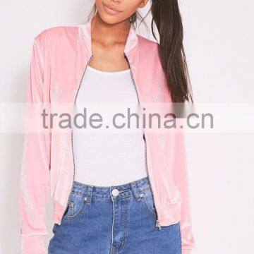 Custom Design Women Baseball Zip Up Bomber Baby Pink Plain Velvet Bomber Jacket Outwear photo-3