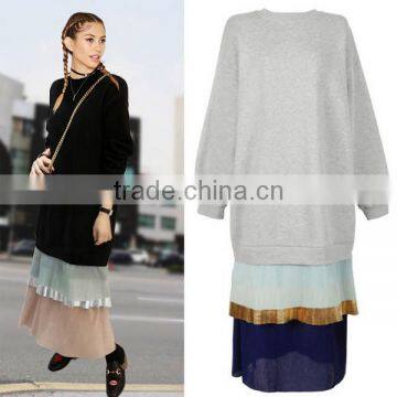 2017 new style spring false two piece pleated hoodie dress fashion women long pullover hoodie