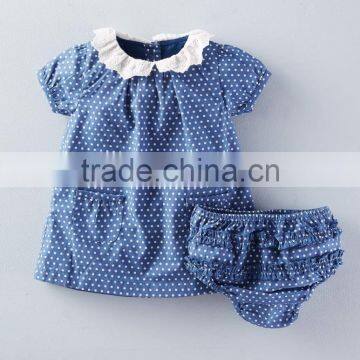 Hot Sale Baby Clothes Navy Nlue Polka Dots Outfit Lace Trim Kids Girls With Ruffle Bloomer Set