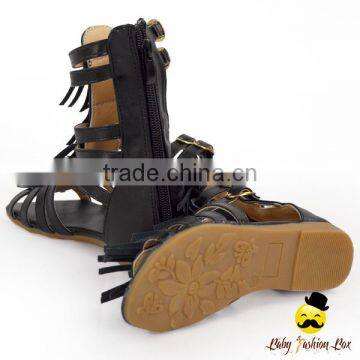 Kids Summer Plain Black PU Fringe Gladiator Boots With Zipper Little Girl Flattie Snadals Shoes photo-3