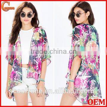 Open Front Lush Botanical Prints Kimono Women With Extended Back Hem