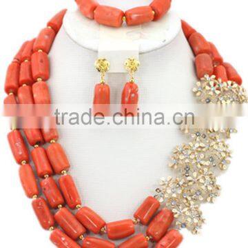 3Rows Column Coral Beads with Rhinestone Flowers African Jewelry Set