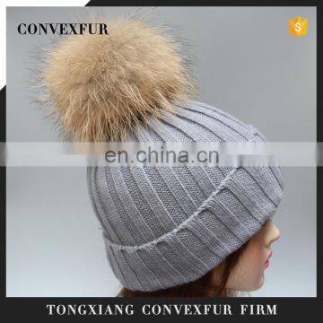 Hot sale raccoon animal fur knitting hats fur pom hats wholesale china ribbed hats