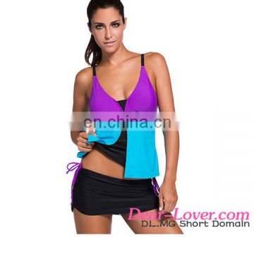 Sexy Woman Purple Blue Colorblock Tankini Skort Bottom Swimwear