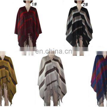 B10288 cross stripe pattern with fringe poncho