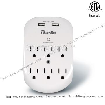 6 Outlets Surge Protector 2 USB Charging port 5 V 2.4 A ETL Certified Wall Tap Wall Plate