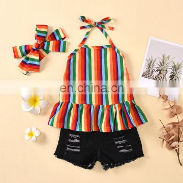 New children's rainbow lace ruffled top + ripped open pocket jeans rainbow headdress