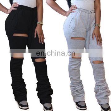 Women Elastic Stacked Pants Leggings High Waist Flare Bell Bottom Ruched Hole Draped Trousers Jogger Sweatpants