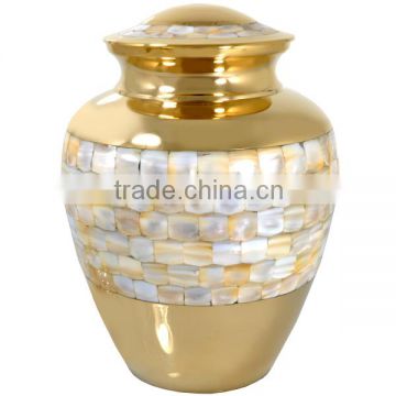 Mother Of Pearls Brass Adult Cremation Urn With Shiny Brass Finish