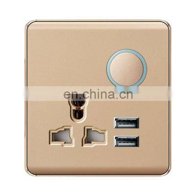 Universal 3 pin Wall Socket With Circular Switch 16A Flame retardant PC Socket and Switch Electrical Metal Frame With USB