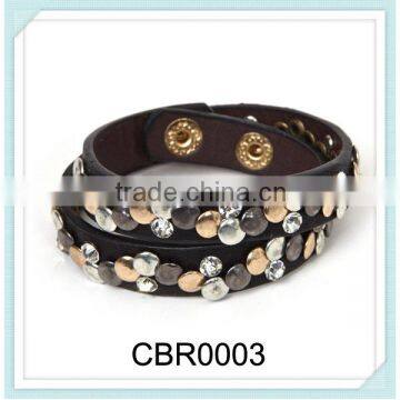 2014 fashion stud leather charm bracelet with crystal diamond