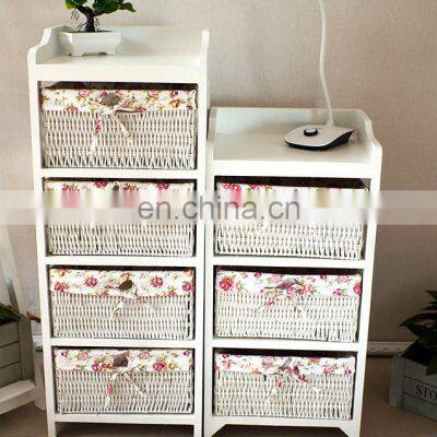 White Home Funiture Solid Wood Storage Cabinet With Wicker Drawers Willow Basket photo-2