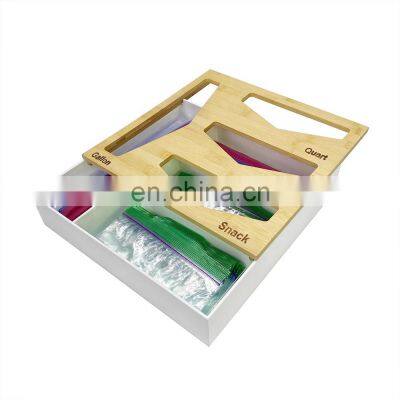 New Design Plastic Ziplock Bag Storage Organizer with Bamboo Sliding Lid for Kitchen Drawer