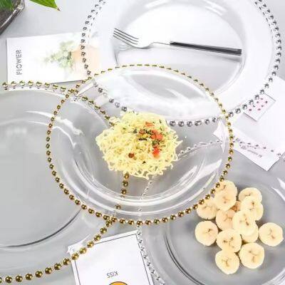 2022 Hot Sale Wholesale 13inch Gold Silver Beaded Clear Plastic Charger Plate For Wedding