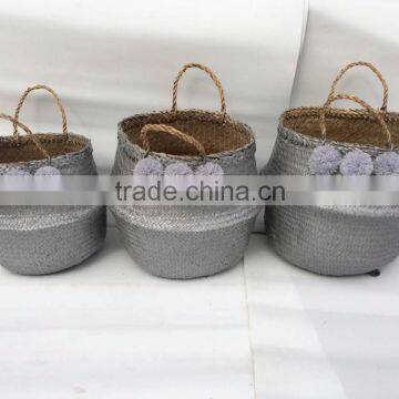 High quality best selling eco-friendly Silver seagrass baskets with purple pompoms from Vietnam