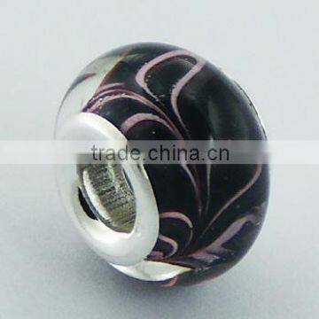 Black Murano Glass Bead Pink Leafs Float In Transparency
