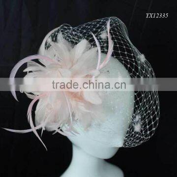 Pink veil and feather fascinator on comb