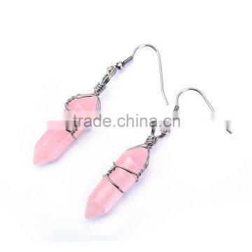 Beautiful 1 pair Rose Quarts Handmade Wire Wrap Healing Point Chakra Earings