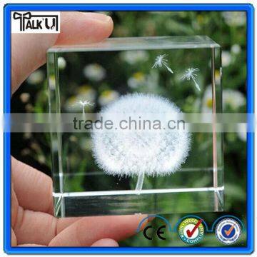 3D decoration souvenir laser engraved Crystal dandelion cube/wedding crystal item