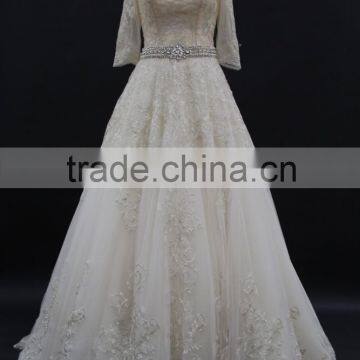 New Champagne Colored A-line Half Sleeve Straight Neckline Wedding Dress With Silver Thread Lace