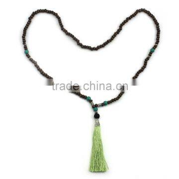 Original Natural Turquoise Wood Beads Elastic String Volcanic Rock Long Tassel Necklace