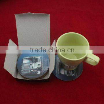 A set made in guangzhou factory cheap price paper printing cork mdf coaster with cround shape bottle coaster