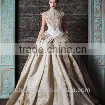 2014 New Fashion High Collar Cap Sleeve Ball Gown with Heavy Beading Arabic Evening Gowns Dresses (EVRK-1015)