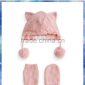 pink knit ear trapper baby hat & glove with cotton lining