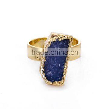 50pcs purple blue Natural Stone Gem Ring Golden Copper Raw Crystal Quartz Druzy Charm Ring Fashion Jewerly 17*(19/12)mm