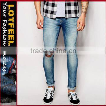 men brand jeans Super Skinny Fit Distressed denim man jeans pant with Rip Knee blue country jeans price for jeans(LOTA047)