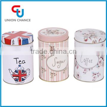 Printed tin box set for tea, sugar coffee storage