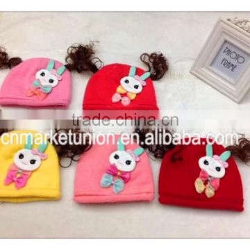 100% Acrylic baby girl applique hats with hair ,any color as customer request