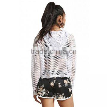 HAODUOYI Fashion Soild Mesh Hollow Out Women Hooded T-shirt Long Sleeve White Brief Lady Short Tops for Wholesale photo-4