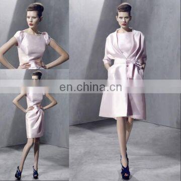 HC2263 The modest light pink short sleeve satin long sleeve jacket knee length short zipper back two pieces evening dress